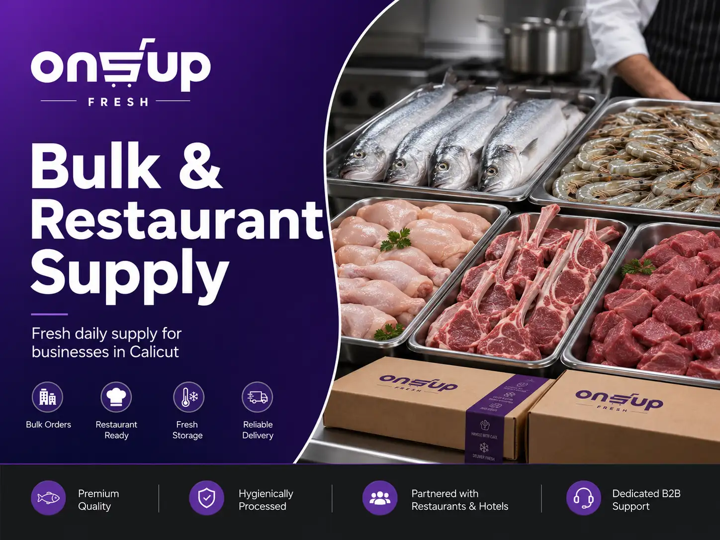 Bulk fish seafood and meat supply for restaurants hotels and caterers in Calicut by Onsup Fresh
