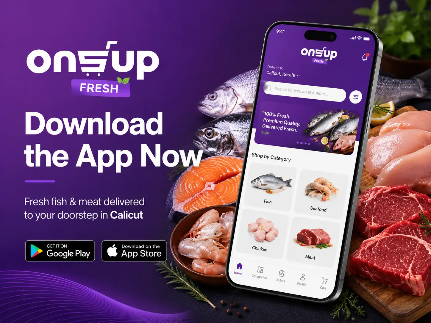Download Onsup Fresh app to order fresh fish and meat delivered in Calicut